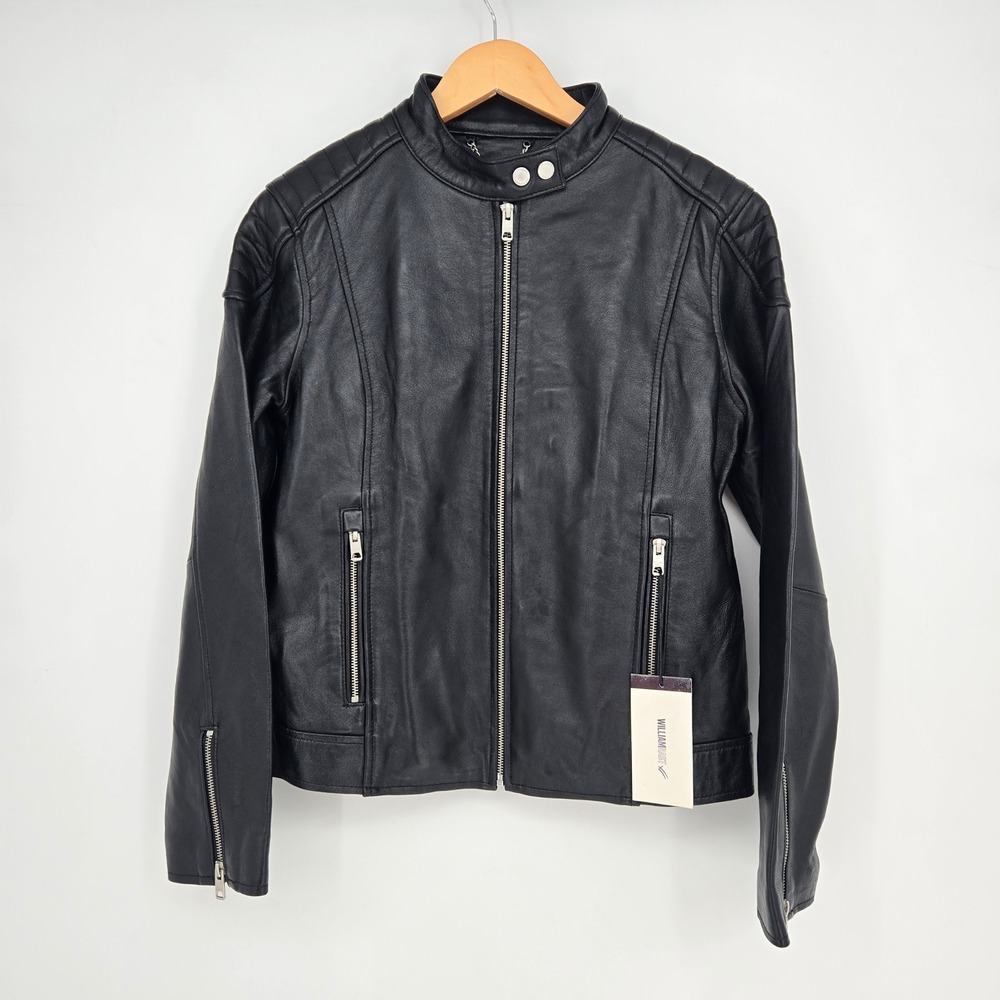 NWT $350 William Rast Justin Timberlake Real Leather Black Moto Jacket Womens L